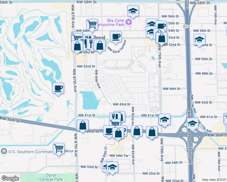 map of restaurants, bars, coffee shops, grocery stores, and more near 4663 Northwest 83rd Path in Doral
