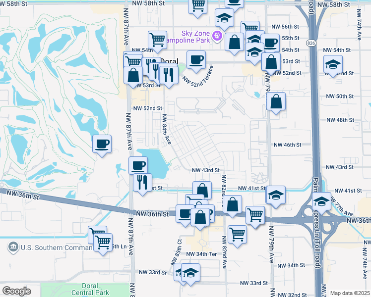 map of restaurants, bars, coffee shops, grocery stores, and more near 4663 Northwest 83rd Path in Doral