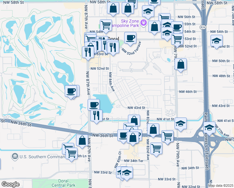 map of restaurants, bars, coffee shops, grocery stores, and more near 4696 Northwest 84th Avenue in Doral