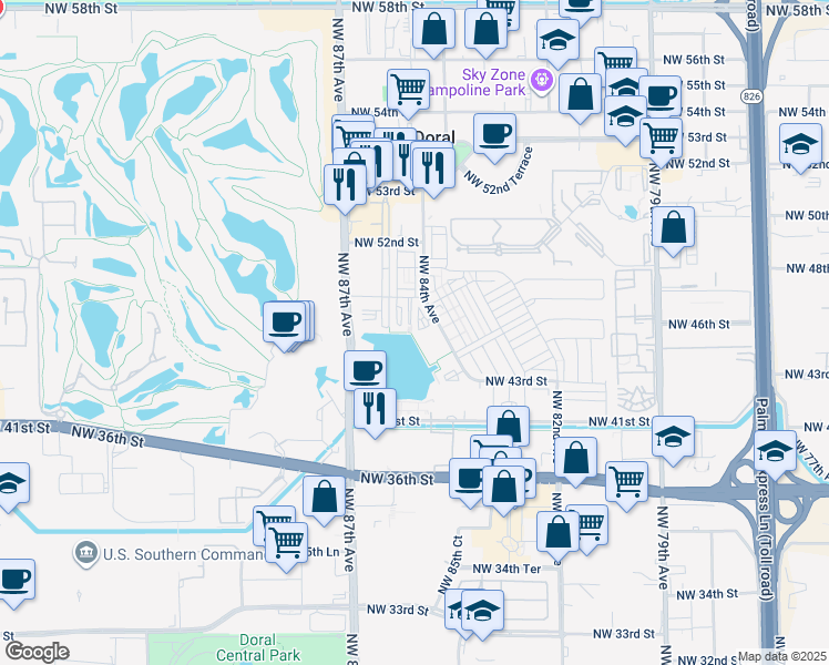 map of restaurants, bars, coffee shops, grocery stores, and more near 4761 Northwest 85th Avenue in Doral