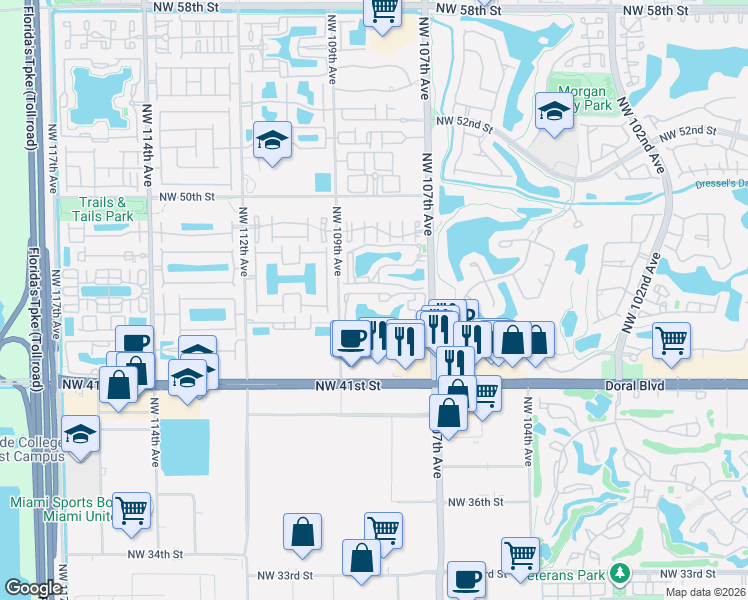 map of restaurants, bars, coffee shops, grocery stores, and more near 333 Northwest 107th Avenue in Doral