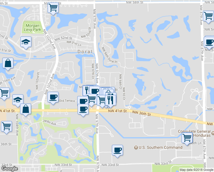map of restaurants, bars, coffee shops, grocery stores, and more near 9600 Northwest 45th Lane in Doral