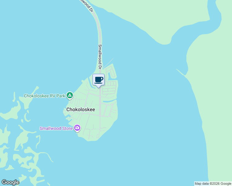 map of restaurants, bars, coffee shops, grocery stores, and more near 150 Smallwood Drive in Chokoloskee