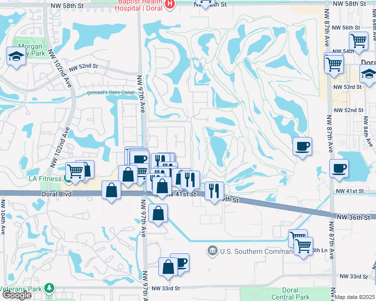 map of restaurants, bars, coffee shops, grocery stores, and more near 4541 Northwest 94th Court in Doral