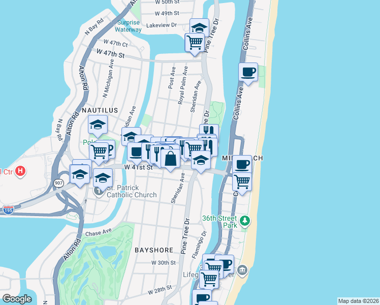 map of restaurants, bars, coffee shops, grocery stores, and more near 4219 Sheridan Avenue in Miami Beach