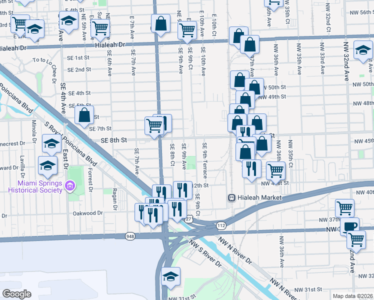 map of restaurants, bars, coffee shops, grocery stores, and more near 840 Southeast 9th Court in Hialeah