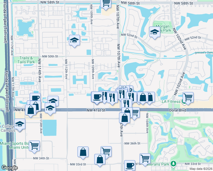 map of restaurants, bars, coffee shops, grocery stores, and more near 333 Northwest 107th Avenue in Doral