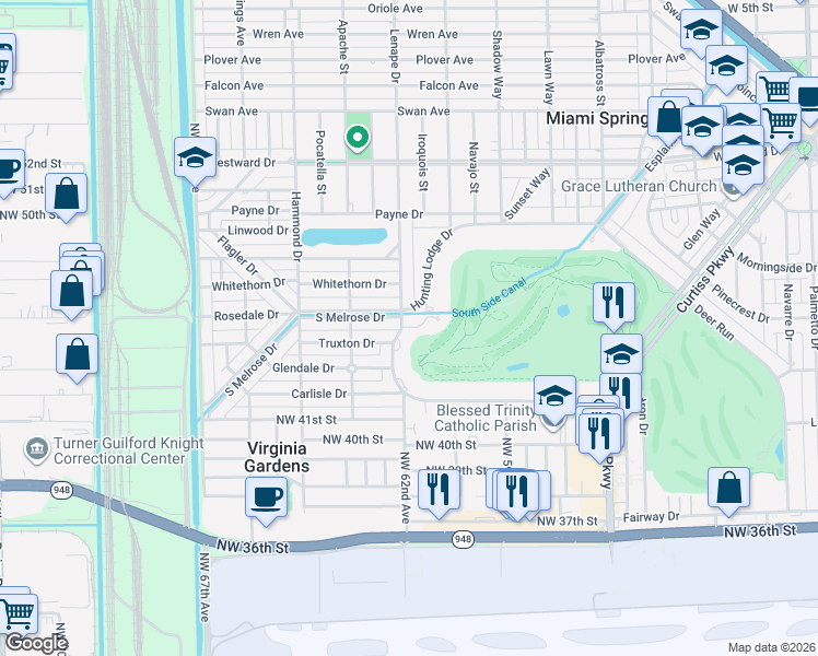 map of restaurants, bars, coffee shops, grocery stores, and more near 31 Hunting Lodge Court in Miami Springs