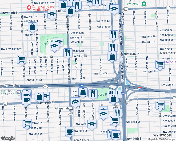 map of restaurants, bars, coffee shops, grocery stores, and more near 1016 Northwest 43rd Street in Miami