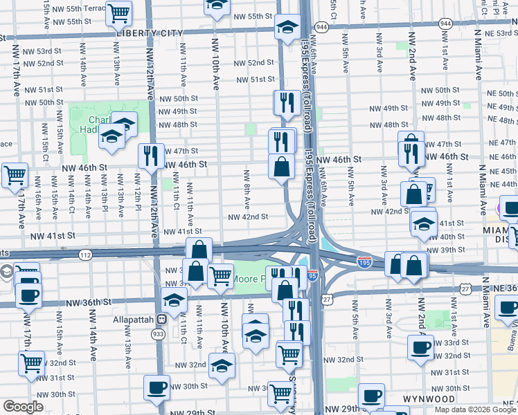 map of restaurants, bars, coffee shops, grocery stores, and more near 780 Northwest 43rd Street in Miami