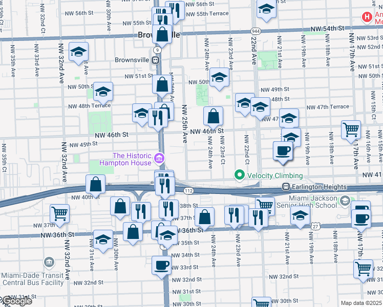 map of restaurants, bars, coffee shops, grocery stores, and more near 2492 Northwest 44th Street in Miami