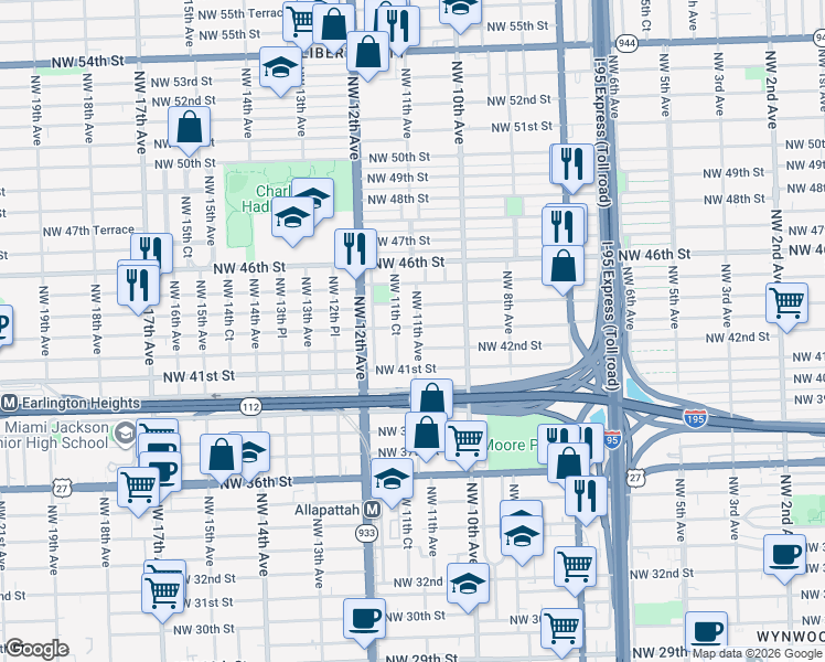 map of restaurants, bars, coffee shops, grocery stores, and more near 4230 Northwest 11th Avenue in Miami