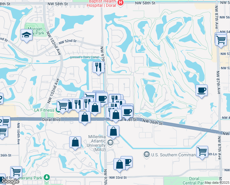 map of restaurants, bars, coffee shops, grocery stores, and more near 9600 Northwest 96th Avenue in Doral