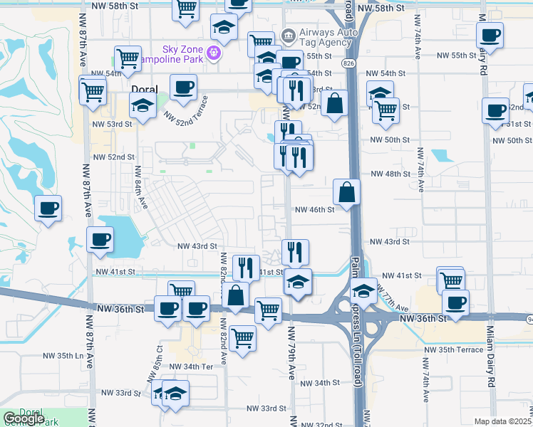 map of restaurants, bars, coffee shops, grocery stores, and more near 4650 Northwest 79th Avenue in Doral