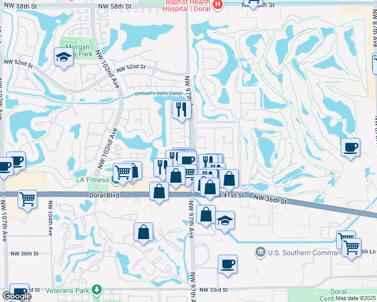 map of restaurants, bars, coffee shops, grocery stores, and more near 9701 Northwest 45th Lane in Doral