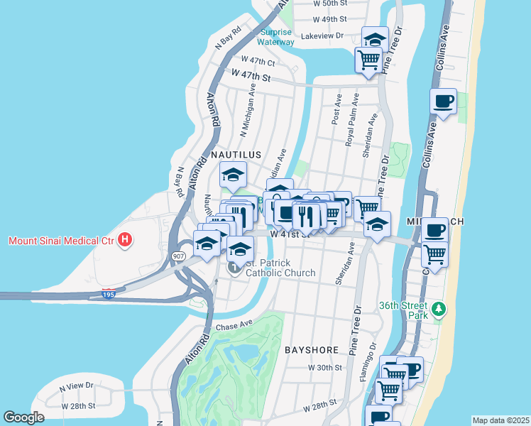 map of restaurants, bars, coffee shops, grocery stores, and more near 4205 Meridian Avenue in Miami Beach