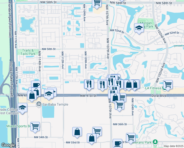 map of restaurants, bars, coffee shops, grocery stores, and more near 250 Northwest 107th Avenue in Doral