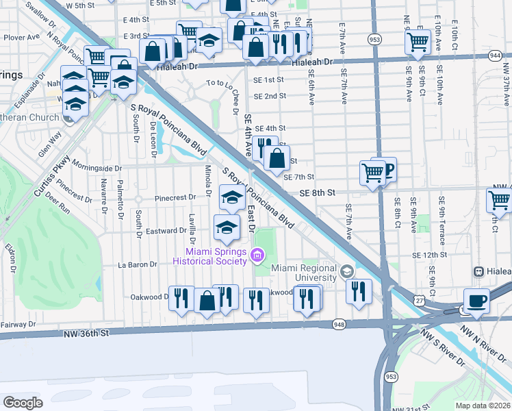map of restaurants, bars, coffee shops, grocery stores, and more near 240 South Royal Poinciana Boulevard in Miami Springs