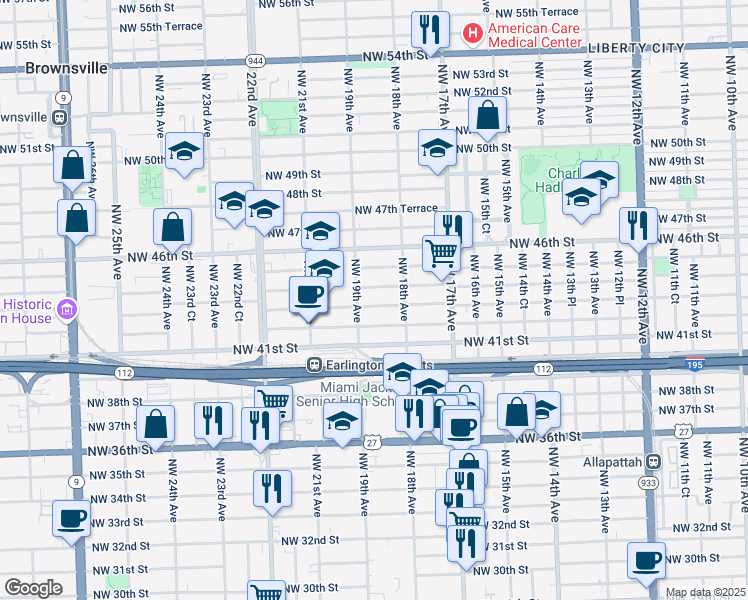 map of restaurants, bars, coffee shops, grocery stores, and more near 1859 Northwest 43rd Street in Miami