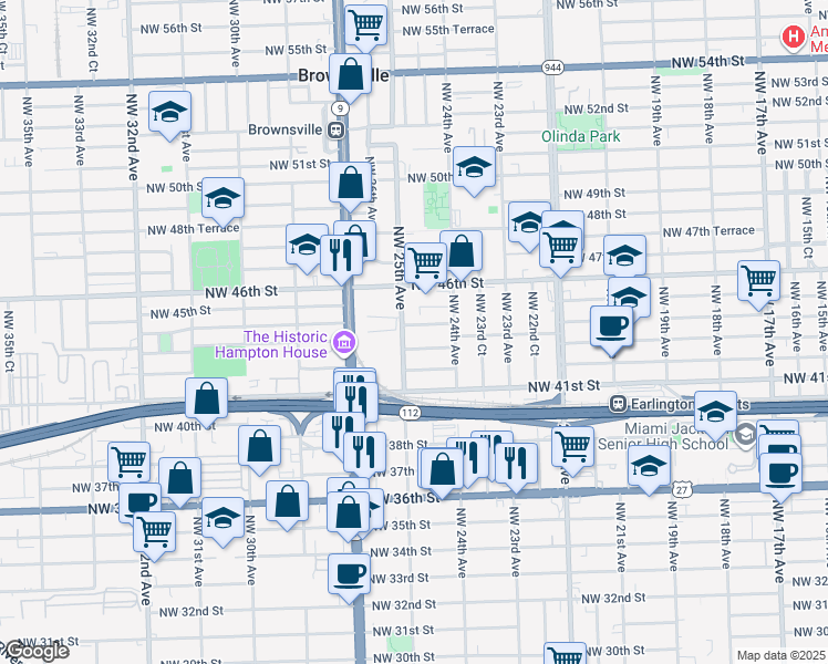 map of restaurants, bars, coffee shops, grocery stores, and more near 2492 Northwest 44th Street in Miami