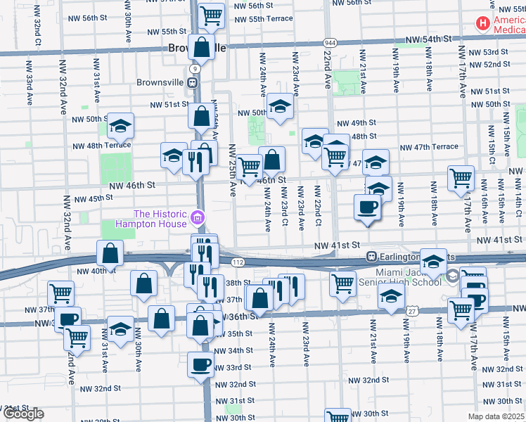 map of restaurants, bars, coffee shops, grocery stores, and more near 4338 Northwest 24th Avenue in Miami