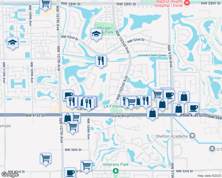 map of restaurants, bars, coffee shops, grocery stores, and more near 10276 Northwest 46th Street in Doral