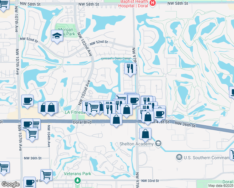 map of restaurants, bars, coffee shops, grocery stores, and more near 9817 Northwest 45th Lane in Doral