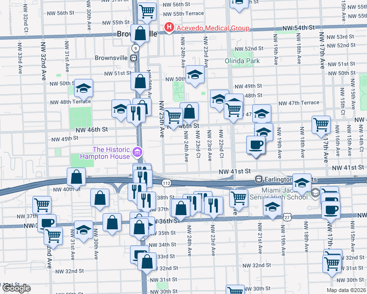 map of restaurants, bars, coffee shops, grocery stores, and more near 4338 Northwest 24th Avenue in Miami
