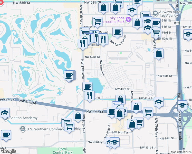 map of restaurants, bars, coffee shops, grocery stores, and more near 4761 Northwest 85th Avenue in Doral