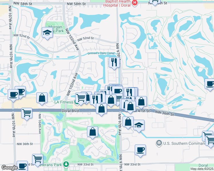 map of restaurants, bars, coffee shops, grocery stores, and more near 9757 Northwest 45th Lane in Doral