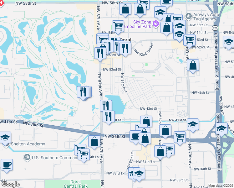 map of restaurants, bars, coffee shops, grocery stores, and more near 4761 Northwest 85th Avenue in Doral