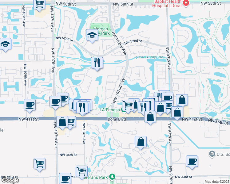 map of restaurants, bars, coffee shops, grocery stores, and more near 4541 Northwest 102nd Court in Doral