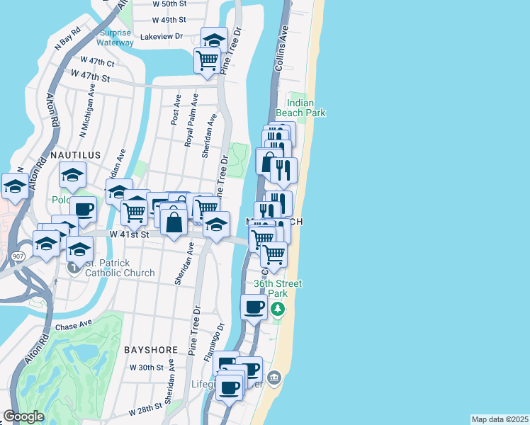 map of restaurants, bars, coffee shops, grocery stores, and more near in Miami Beach