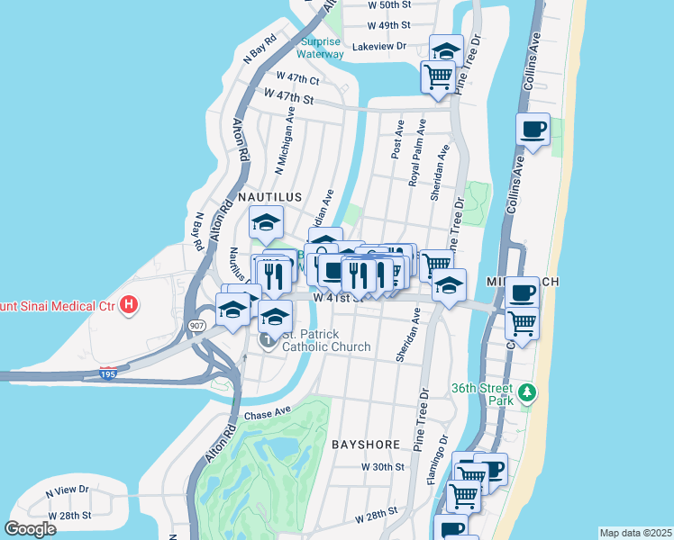 map of restaurants, bars, coffee shops, grocery stores, and more near 4144 Chase Avenue in Miami Beach