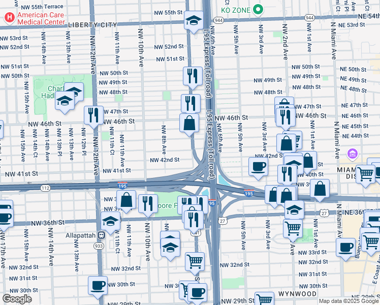 map of restaurants, bars, coffee shops, grocery stores, and more near 4256 Northwest 7th Avenue in Miami