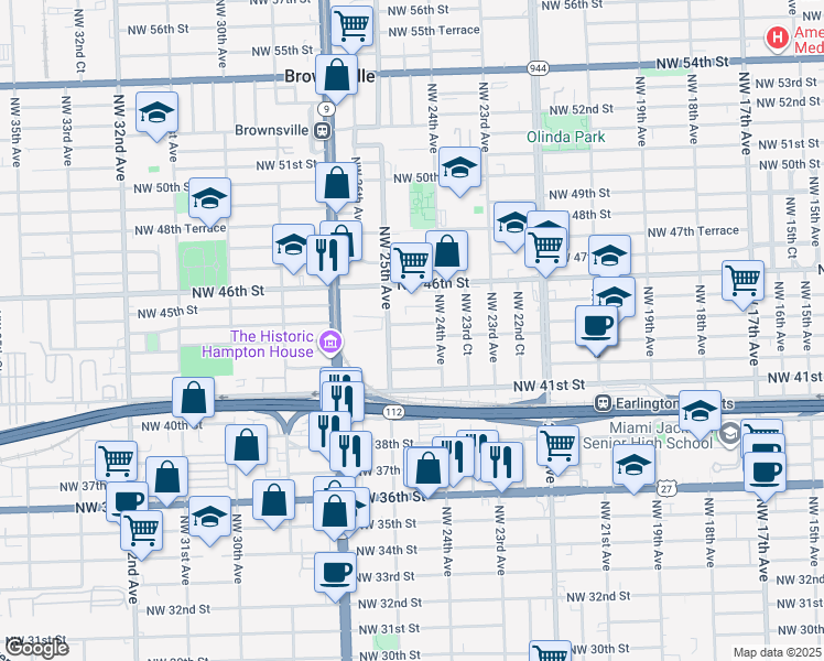 map of restaurants, bars, coffee shops, grocery stores, and more near 2492 Northwest 44th Street in Miami