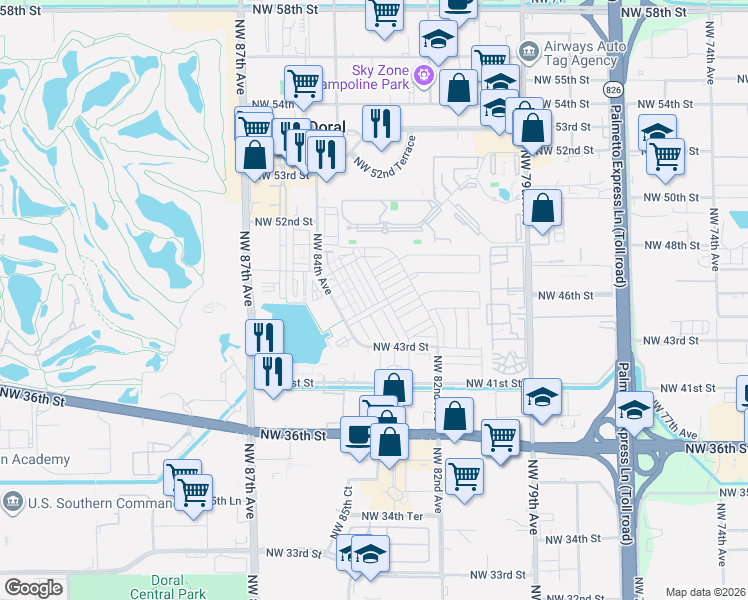 map of restaurants, bars, coffee shops, grocery stores, and more near 4663 Northwest 83rd Path in Doral