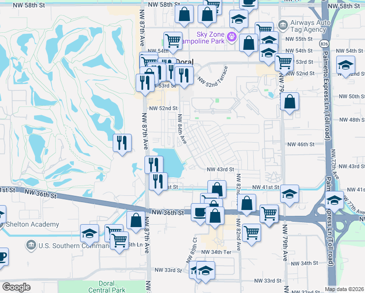 map of restaurants, bars, coffee shops, grocery stores, and more near 4696 Northwest 84th Avenue in Doral