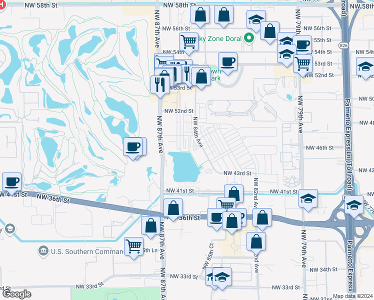 map of restaurants, bars, coffee shops, grocery stores, and more near 4761 Northwest 85th Avenue in Doral