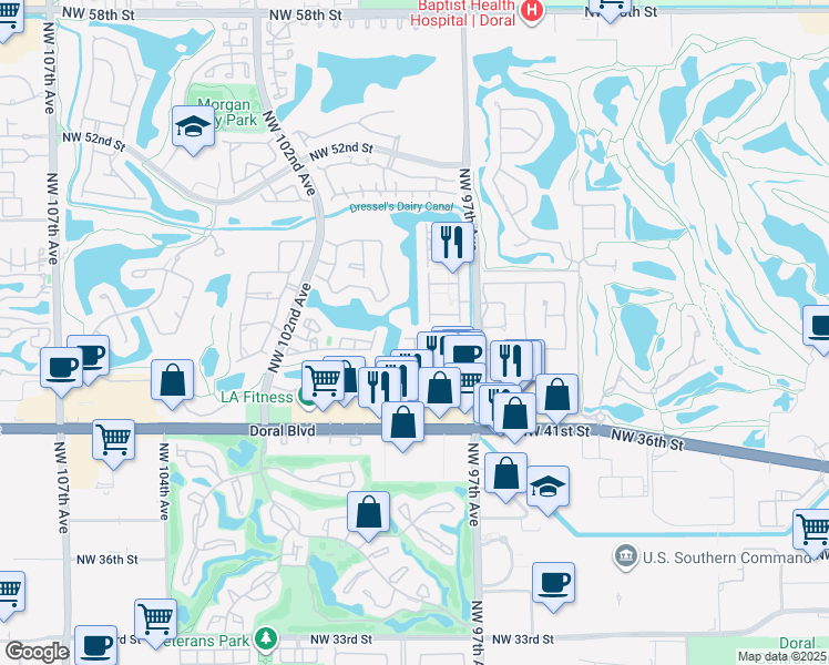 map of restaurants, bars, coffee shops, grocery stores, and more near 9817 Northwest 45th Lane in Doral
