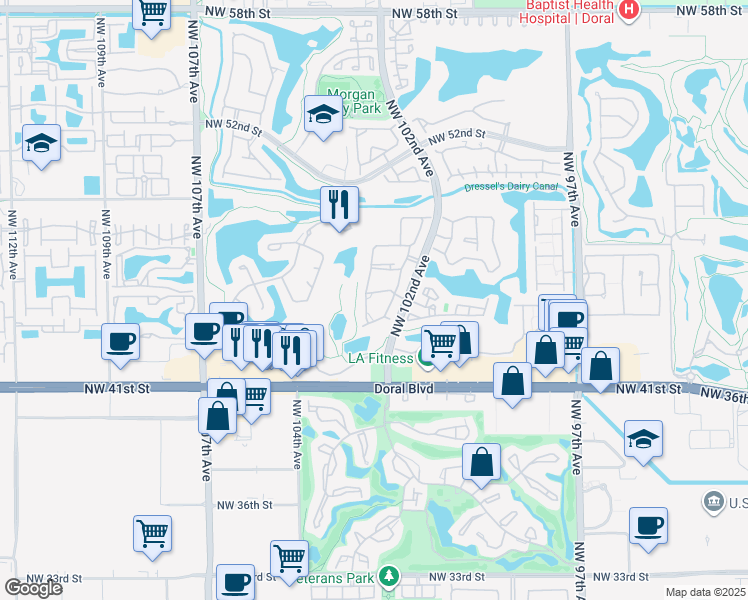 map of restaurants, bars, coffee shops, grocery stores, and more near 10276 Northwest 46th Street in Doral