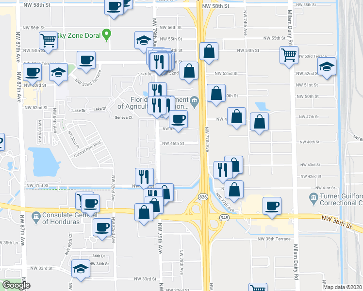 map of restaurants, bars, coffee shops, grocery stores, and more near 7798 Northwest 46th Street in Doral