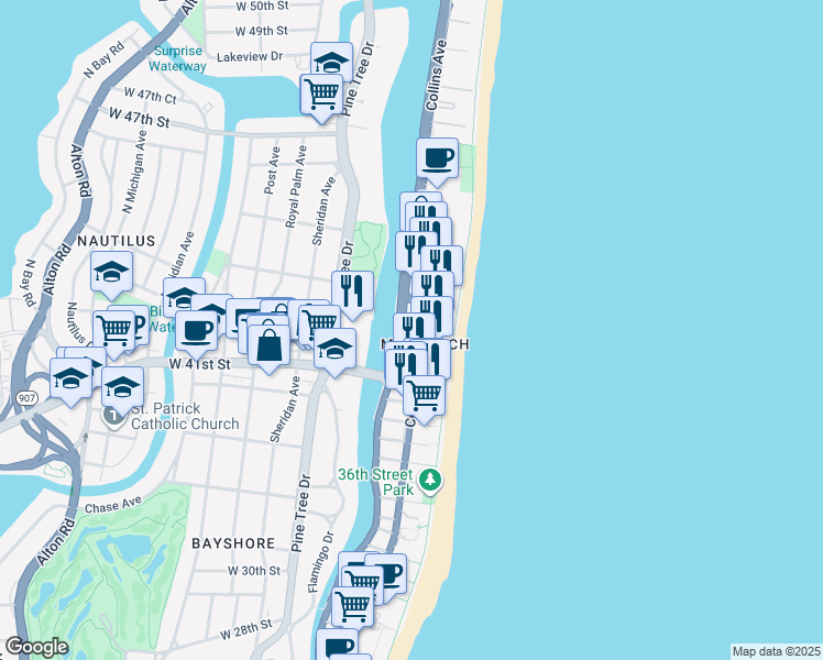map of restaurants, bars, coffee shops, grocery stores, and more near in Miami Beach