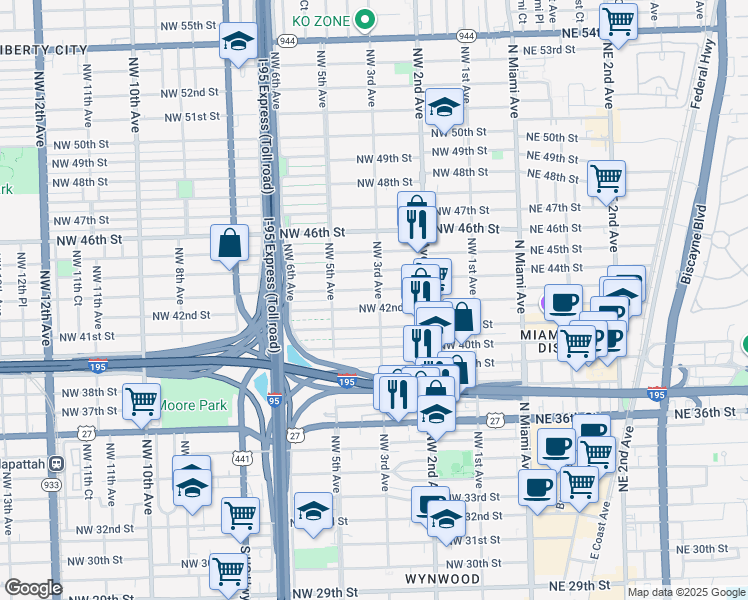 map of restaurants, bars, coffee shops, grocery stores, and more near 4212 Northwest 3rd Avenue in Miami