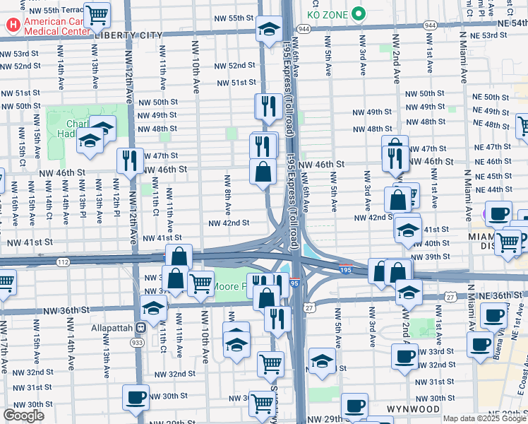 map of restaurants, bars, coffee shops, grocery stores, and more near 4256 Northwest 7th Avenue in Miami