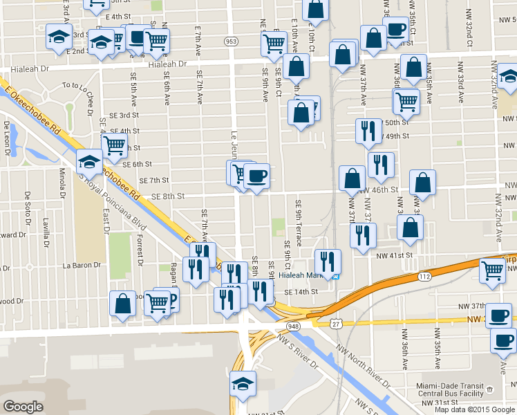 map of restaurants, bars, coffee shops, grocery stores, and more near 839 Southeast 8th Court in Hialeah