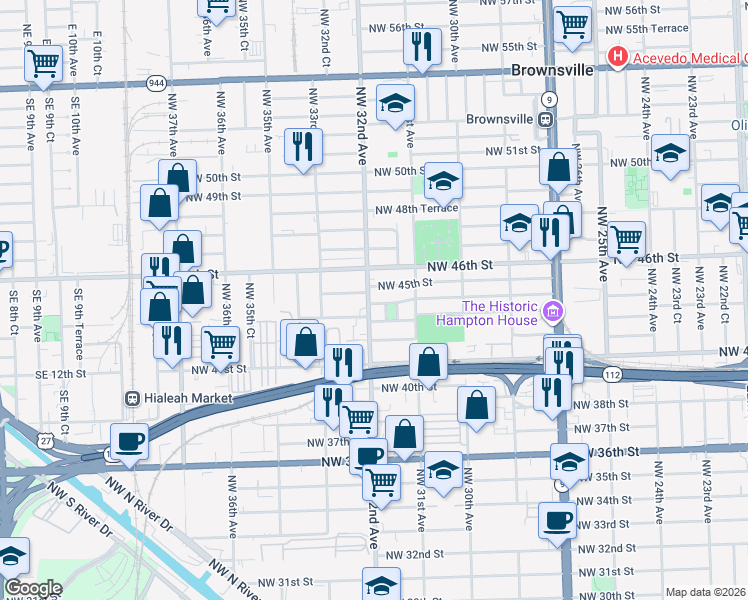 map of restaurants, bars, coffee shops, grocery stores, and more near 4401 Northwest 32nd Avenue in Miami