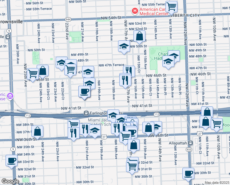 map of restaurants, bars, coffee shops, grocery stores, and more near 4313 Northwest 18th Avenue in Miami
