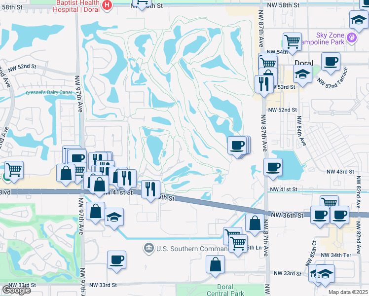 map of restaurants, bars, coffee shops, grocery stores, and more near 4561 Northwest 93rd Doral Court in Doral