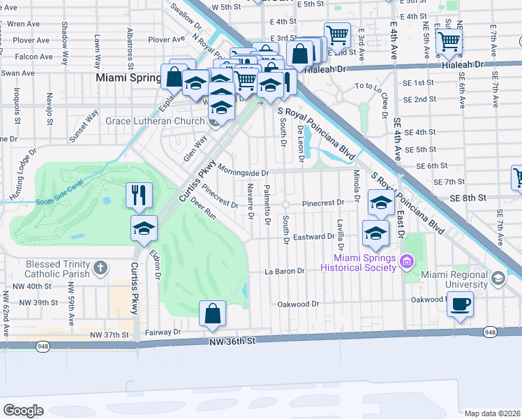 map of restaurants, bars, coffee shops, grocery stores, and more near 474 Pinecrest Drive in Miami Springs